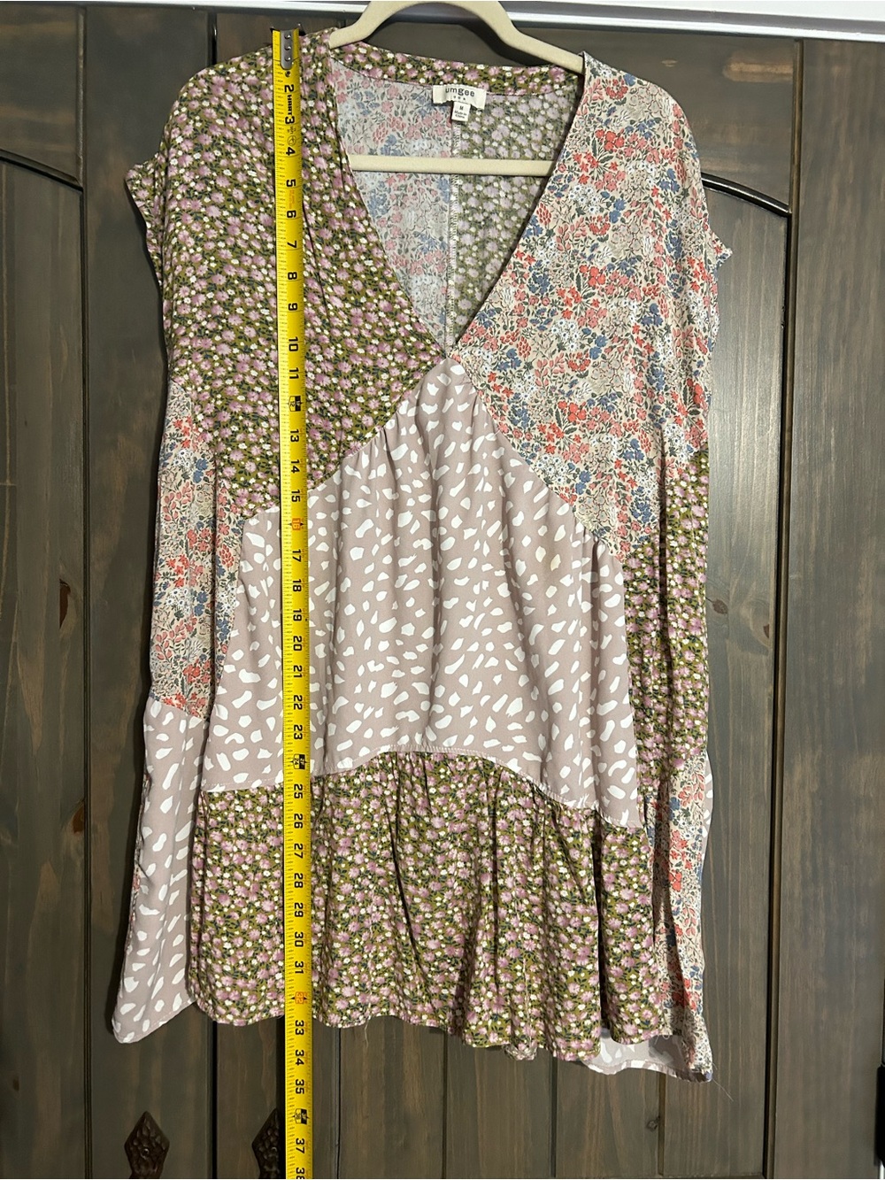 Umgee Patchwork V-Neck Dress in Mauve, Cream & Olive